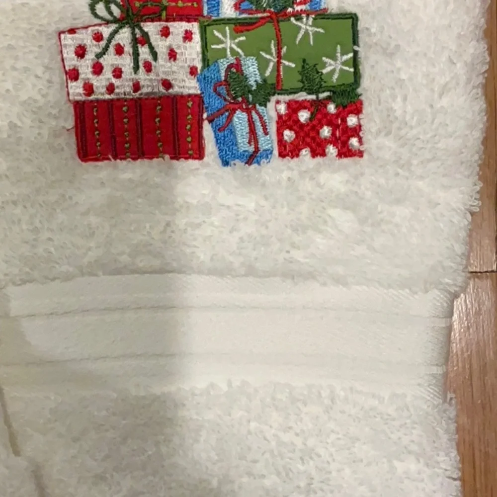 One Pair of Lands End White With Multicolored Holiday Presents Hand Towels